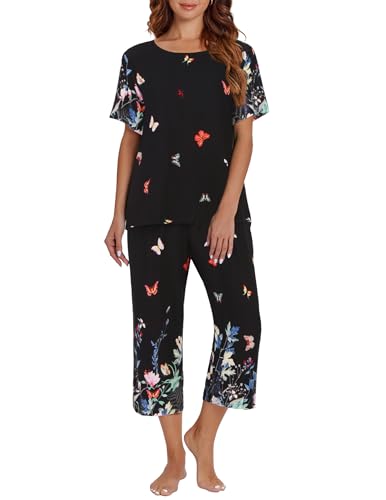 Image of Ekouaer Women's Two Piece Lounge Set Short Sleeve Shirt and Capri Pants Mumu Pajama with Pockets Loungewear Pjs Sets S-2XL