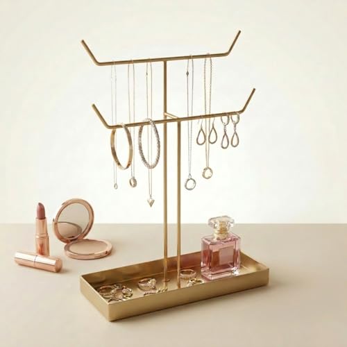 Image of ecofynd 2-Tier Metal Jewelry Organizer Stand with 2 Hangers, 16-Inch Holder for Earrings, Necklaces, Bracelets & Rings, Space-Saving Display for Vanity, Dressing Table & Home (Gold, JS010)