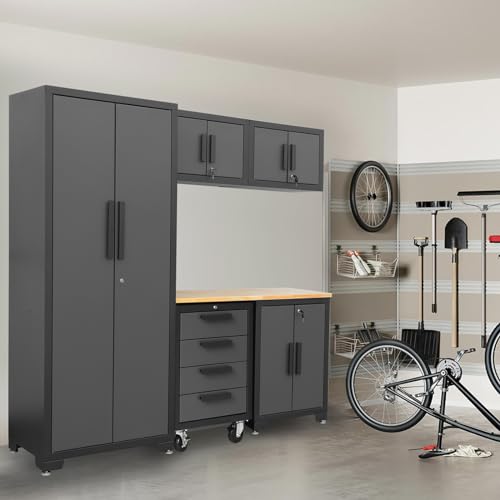 Image of Torin Garage Cabinets Storage System: 6 Piece Set with Lockers and Workbench for Home, Office, Gym, School, Black /Grey,AGPZ112B