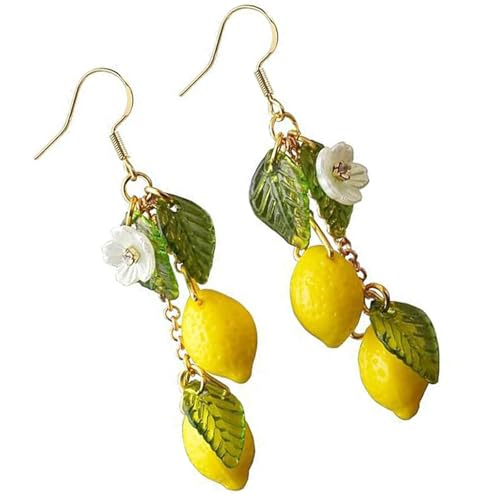Uqezagpa Pendientes de limón inspirados en el Mediterráneo, cómodos de llevar, con gancho de plata de ley, decoración para mujeres de moda todos los días, Size 3.5cm/1.38inch, Resina esmerilada