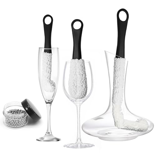 Litoexpe 3 Pieces Decanter Cleaning Brush with 400 Pieces Cleaning Beads Wine Glass Cleaner Brush Flexible Bottle Cleaning Household Cleaning Tools for Wine Decanters Goblets Cups (Black)