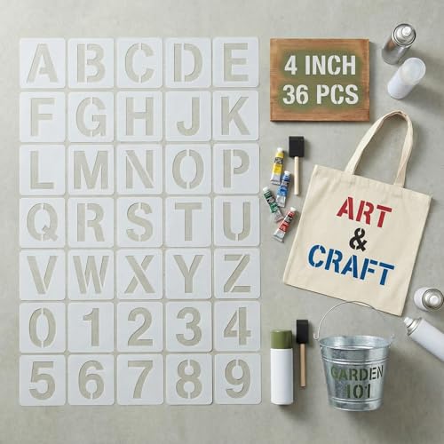 Actual 4 Font Height (5.1 Stencil Height) - 36 Pcs Large Letter Stencils for Painting on Wood Reusable Plastic Alphabet and Number Templates for Porch Signs Address Curb & DIY Wall Art