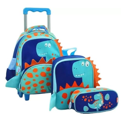 Mochila Infantil com Rodas Dinossauro, Poliéster, Azul e Turquesa com Detalhes Laranja, Alça Acolchoada Ajustável, 3 Compartimentos, Rodinhas de Gel