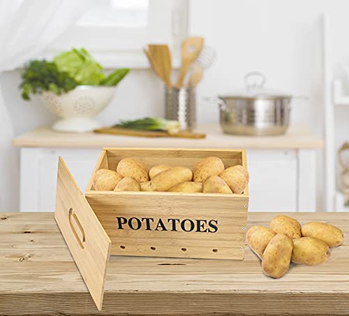 Xbopetda Potato Storage, Bamboo Storage Bin for Potato, Kitchen Storage Canister with Wooden Lid & Aerating Storage Holes - Kitchen Pantry Organizer Box Fruit Vegetable Fresh Keeper (Needed Assemble)