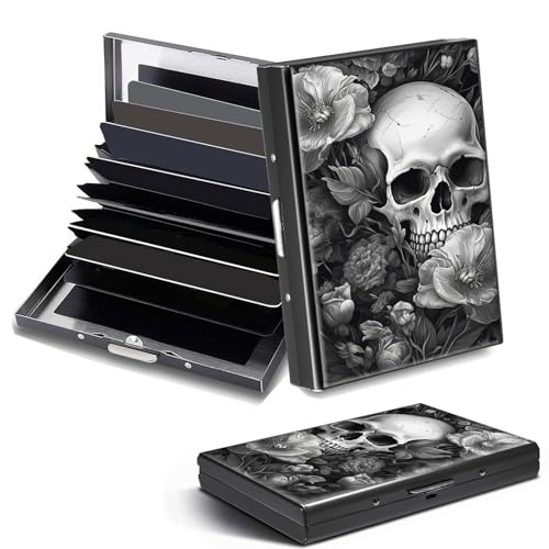 Credit Card Holder, Skull Design Mini RFID Blocking Aluminum Wallet Slim Metal Hard Case Shell Travel Wallet ID Case Small Credit Cards Case Business Cards for Women Men Girls