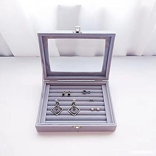 Jewelry Ring Organizer,Samt Ring Boxen Aufbewahrung,Ringkasten Schmuckkasten Schaukasten mit Glas Deckel,Ohrring Aufbewahrungsbox mit 8 Gittern für Ringe,Ohrringe, Broschen,20*15*5cm,Grau Cover