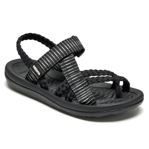 MEGNYA Women's Arch Support Leisure Gowalk Shopping Camping Travel Walking Shoes, Comfortable Hiking Water Sandals with Adjustable Straps Outdoor Adventure Black Grey Size 8 by MEGNYA - Used condition - US$26.21
