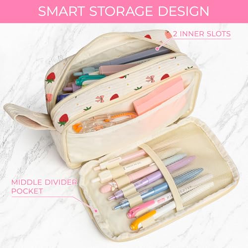 Image of WOBAGMEN Cute Pencil Case,Large Corduroy Zippered Pencil Case Pouch, aesthetic Pencil Bag with Compartments, Pencil Pouch School Supplies (HY-corduroy pc-strawberry)