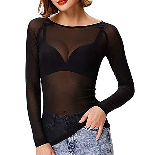 TIMEMEAN Femme Shirts Tops en Maille De Tulle Décontracté à Manches Longues Couleur Unie Voir à Travers Un Chemisier Transparent Slim Fit Clubwear Cover