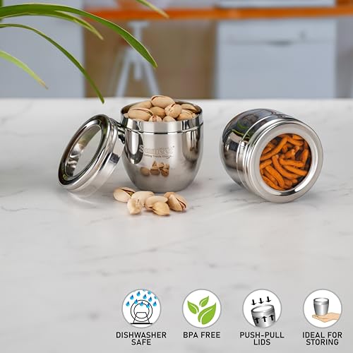 Image of Sumeet Stainless Steel Conical Shape Canisters /Dabba /Storage Containers for Kitchen with See Through Lid, Set of 2 Pcs, 250ml Each, 7cm Dia, Silver