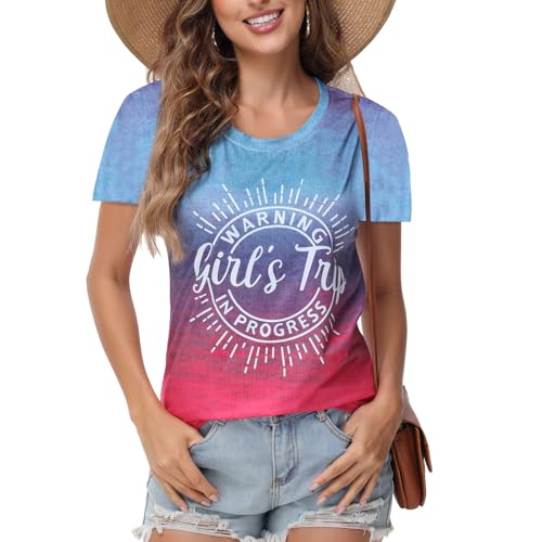 Image of Women's Casual Warning Girls Trip in Progress T-Shirt Casual Crewneck Short Sleeve Graphic Tee