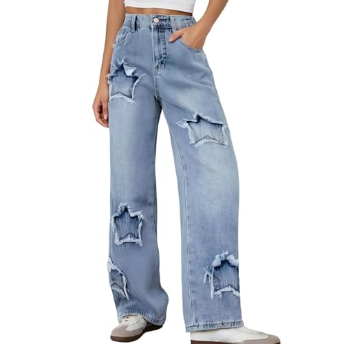 Girls Jeans Vintage Y2K Denim Pants Elastic Waist Straight Leg with Pockets Cute Teenager Clothes for Girls 8-14 Years