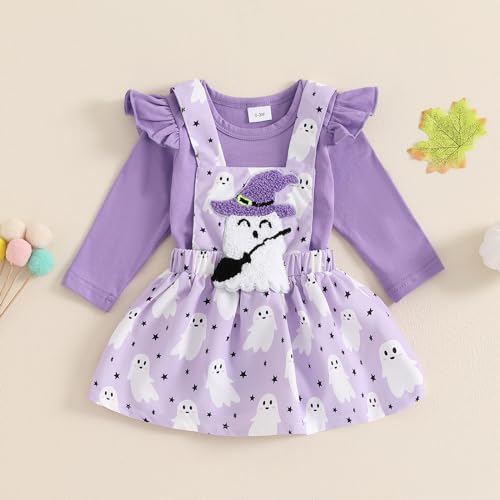 Baby Girl Halloween Outfit Ruffle Long Sleeve Romper Pumpkin Ghost Embroidery Suspender Skirt Overall Dress Set2