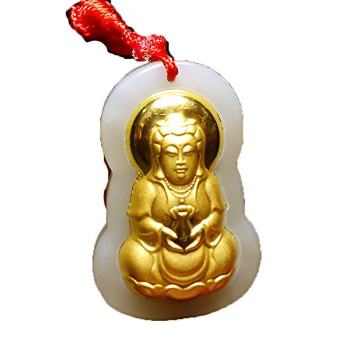 Collier en jade blanc naturel pendentif Guanyin incrusté or 24k