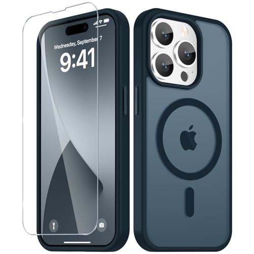 Image of YENAPOON for iPhone 14 Pro Case, Matte Magnetic Phone Cover [with 1 Screen Protector] [Support for MagSafe] [Shockproof Military Grade Protection] Translucent Frosted Back, Navy Blue