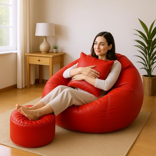 Image of 4XL Bean Bag Cover with Foot Stool & Cushion Cover | Premium PVC Leatherette | Double Stitched | 6 Months Warranty (Beans Required) Color- (RED)
