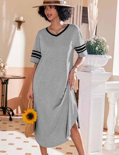Image of Ekouaer Long Nightgown, Womens V Neck Loungewear Oversized Sleepwear Loose Sleep Dress S-4XL