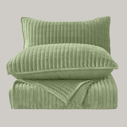 Image of Wonderful Velvet Quilt Set, Queen Size Sage Soft Fluff Texture Coverlet with Shams, Channel Stitched Pattern, All-Season Use, Versatile Lightweight Bedspread for Bedroom Adults Teens Kids,94 inchx94 inch