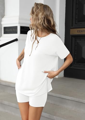 Image of Ekouaer Women's 2 Piece Lounge Set 2026 Summer Biker Shorts Set Outfits Short Sleeve Oversized Top Matching Tracksuit