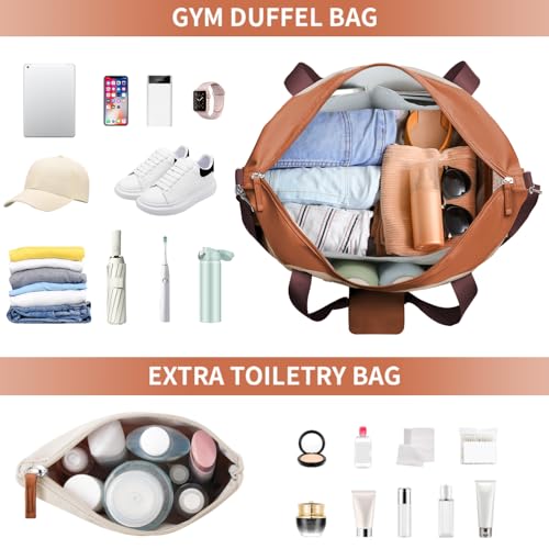 Image of Gym Bag for Women, Travel Duffel Bag with Shoes Compartment, Weekender Bag, Orange Khaki Brown, Medium