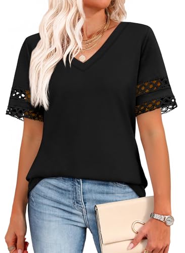 Image of XIEERDUO T Shirts for Women UK Summer Black Tops V Neck Womens Blouses Short Lace Sleeve Tshirts Black Size 14-16