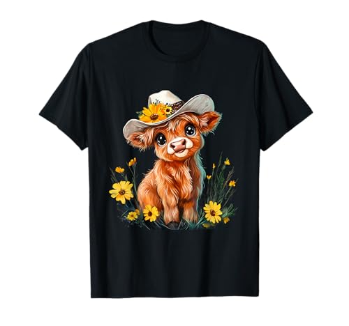 Cute Highland Cow Scottish Hairy Cattle Floral T-Shirt