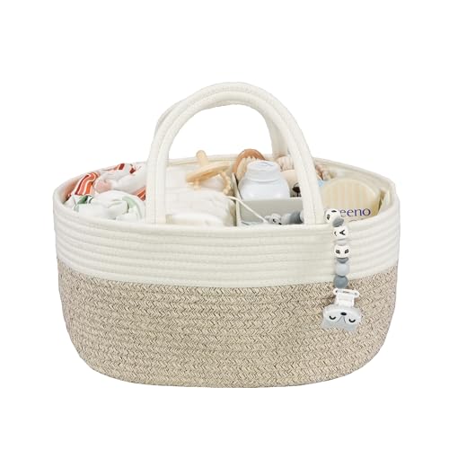 Image of Large Baby Diaper Caddy Organizer for Girl Boy Rope Nursery Storage Bin Basket Portable Holder Tote Bag for Changing Table Car Travel Baby Shower Gifts Newborn Registry Must Haves White and Brown