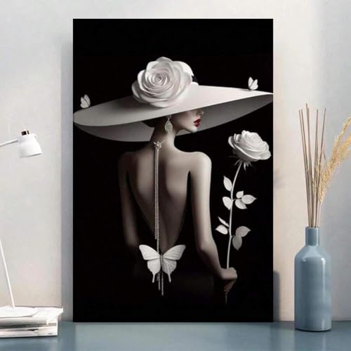 Roses blanches peinture en noir et blanc affiche abstraite silhouette féminine cadre 50x75
