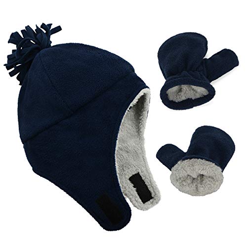 Century Star Baby Fleece Hat Warm Earflap Toddler Boys Winter Hat And Mitten Set 01 Navy Blue 3-12 Months #TOP1