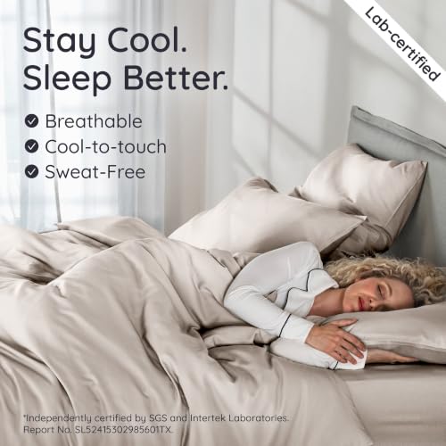 Image of Bambaw 3pcs Set - 100% Viscose Derived from Bamboo Duvet Cover Queen Size Set, Duvet Cover Cooling for Hot Sleepers, Super Soft & Breathable, Oeko-TEX Standard 100 Certified, No Comforter (Sand)