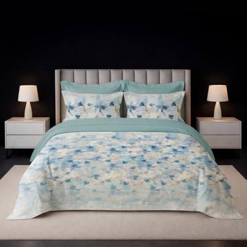 Image of LANE LINEN 100% Cotton Printed King Size Bedsheet - Blue White | OEKO-Tex Certified, 250TC, Fits King & Double Bed, Floral Print, Breathable & Wrinkle-Free, Includes 2 Pillow Covers