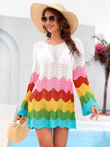 BB&KK Womens Crochet Swimsuit Cover Up Long Sleeve Summer Bathing Suit Color Block Bikini Mesh Knit Swimwear Beach Dress 20254