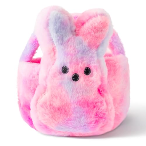 ARefugen Easter Fluffy Bunny Basket - Soft Plush Basket Hunting Egg Candy Reusable Tote Bags for Easter Spring Party Decorations Supplies Baby Shower - 11.8 x 9.8 inch (Pink Blue)