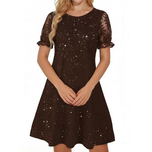 Women's Sequin Mini Dresses Round Neck Short Puff Sleeve Cocktail A-Line Sparkly Lace Patchwork Summer Party Dress Coffee