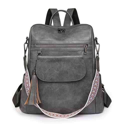 Mochila de piel sintética vintage gris mediana bolso de hombro diario