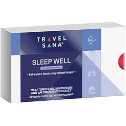 TRAVELSANA Sleep Aid & Jet Lag Support for Travel | Valerian Root Extract, Melatonin 5 mg & Magnesium | Natural Sleep Supplement for Adults | Travel Essentials | Sleep Well | 30 Vegan Caps