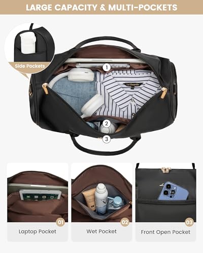 Foto de LOVEVOOK Bolsa de fin de semana para mujer, bolsa de lona de viaje, bolsa de mano para la noche, bolsa de lona para gimnasio y yoga, Negro -, Viajes (imagen 4)