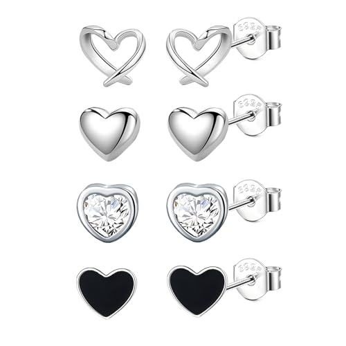 Hinvan 4 Paires Boucles d'oreilles Argent 925 pour Femme Fille Hypoallergénique Petite Boucles d'oreilles Coeur Argent avec Oxyde de Zirconium Diamant