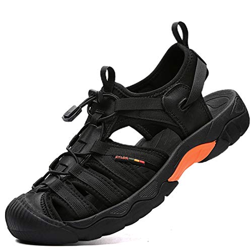 ZYLDK Sandalias Cuero Deportivas para Hombre de Verano Playa para Aire Libre Excursionismo Cuero Zapatos Velcro Zapatos Impermeables Playa 38-48