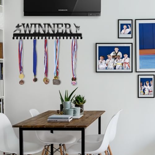 Miniatura 5 de Wolunli Soporte Personalizado Para Medallas Con Texto De Nombre, Soporte De Medallas De Acero Personalizado Para Pared Con Estante, Soporte Para Medallas Para Premios, Cintas, Medallas Para Correr