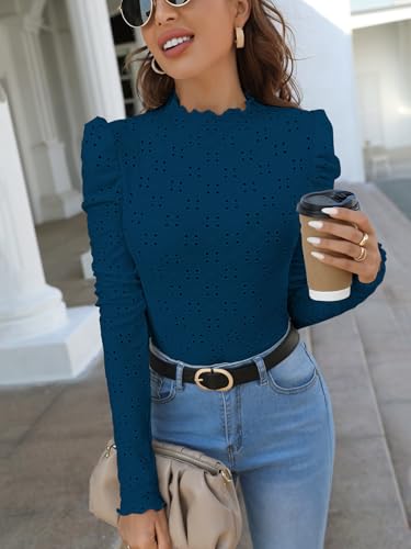 Image of Sugathari Girl's & Women's Spring /Summer Slim Fit High Neck T-Shirt with Stand Collar, Cap Sleeves and Eyelet Embroidery Frill Trim Tee Textured Sheer Fabric (T-Shirts 194 $P)