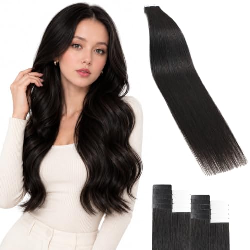 Image of Tape In Hair Extensions Human Hair 22 Inch #1B Natural Black