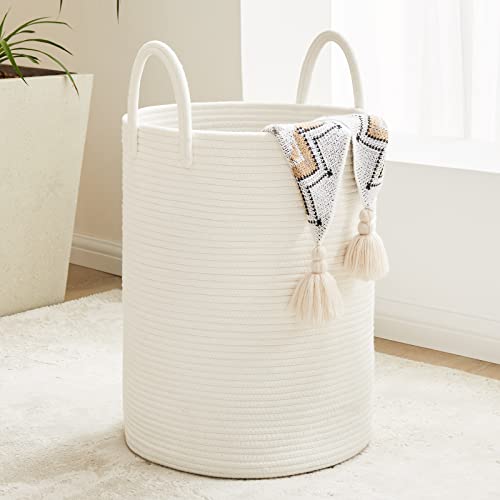 Image of White Woven Rope Laundry Basket, 58L Tall Laundry Basket for Blanket Storage, Large Baby Nursery Hamper for Laundry, Decorative Clothes Hamper for Bedroom, Living Room