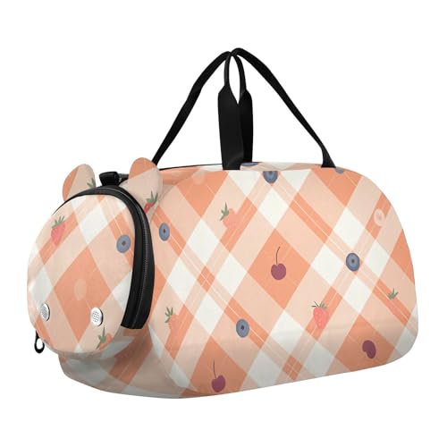 Orange Check Cute Fruit Girl's Gym Duffel Bag with Shoes Compartment Lightweight Travel Duffel Bag for Boys and Girls