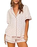 Seyurigaoka Women's Cute Print Pajamas Shorts Set Two-Piece Pj Sets Short Sleeve Sleepwear Loungewear Button-Down Heart Set B Medium