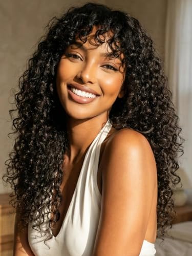 Beauty Forever Curly Human Hair Wig with Pre-Cut Bangs, Glueless
