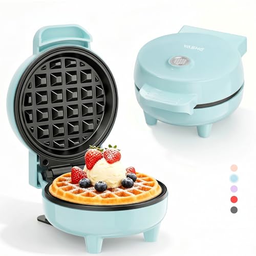 YASHE Mini Waffle Maker 550W Mini Waffle Iron with Non Stick Plates Ready Indicator Light Cool Touch Handle Compact Small Waffle Machine for Breakfast Desserts & Snacks Blue