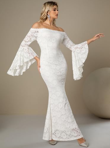 Image of HOYISHION Women's Off The Shoulder Floral Lace Maxi Dress White Bridesmaid Wedding Party Maternity Photoshoot Long Dresses