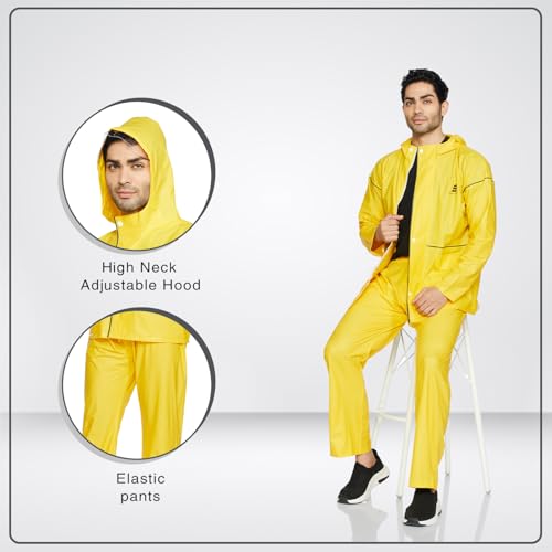 Image of Amazon Brand - Symactive PVC Raincoat with Hood for Men | Waterproof Jacket & Pants Set | Seam-Sealed | Snap Button Sleeves | Size XL | Yellow