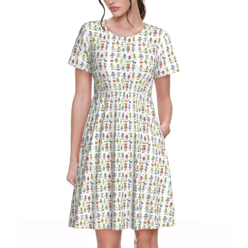 Robe d'été imprimé robots dessin animé : le style fluide et original pour femme